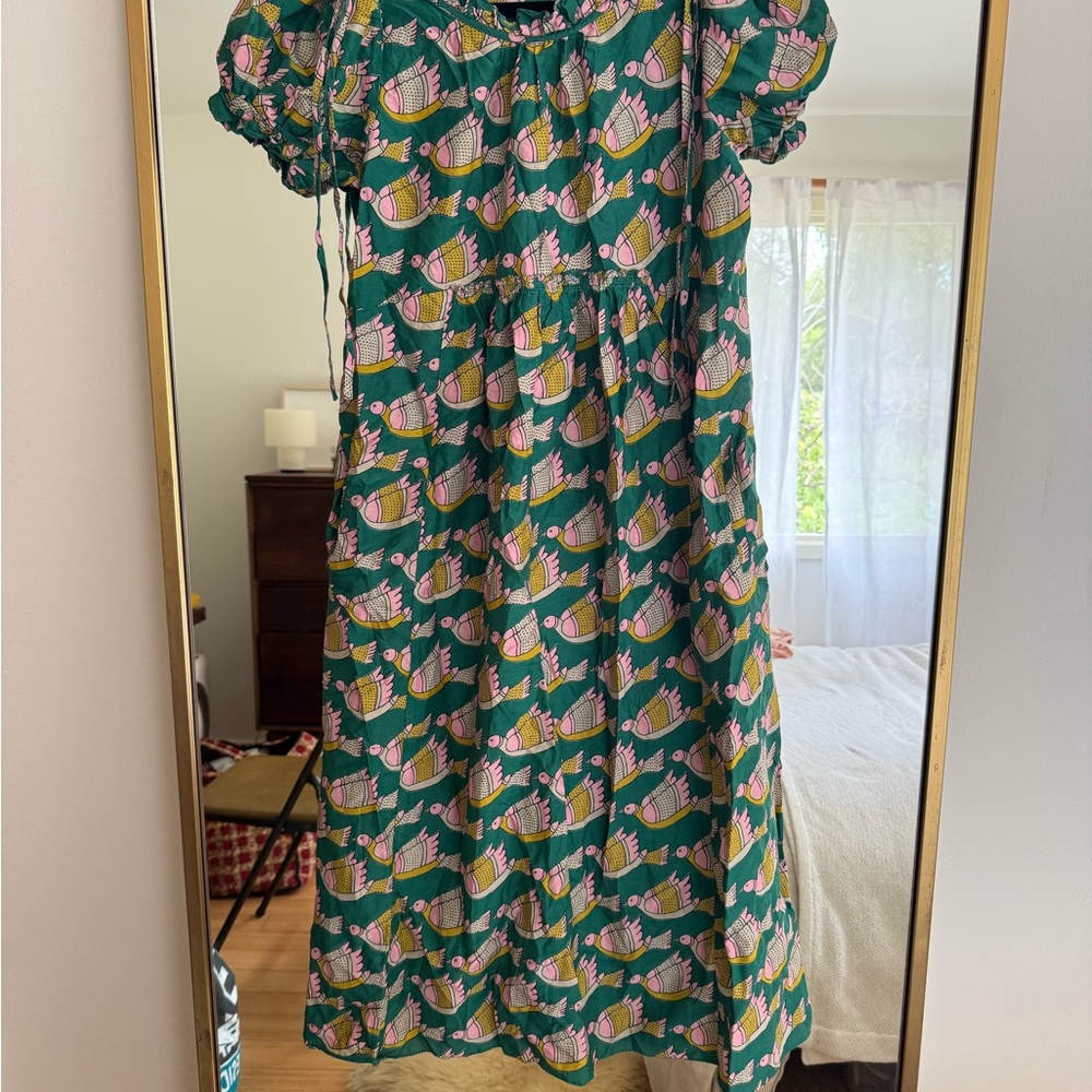 Matta Green bird Print Puff Sleeve Dress